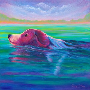 Print -Swimming Border Collie Finger Painting, Contemporary Colorful Dog Art, Colorful Impressionist Swimming Dog,Original Border Collie Art
