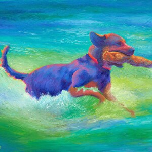 Print - Finger Painting Dog Art, Dog Fetching Painting, Multicolored Impressionist Dog Art, Original Dog in Water Art, Splashing Dog Print