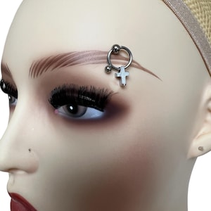 Cross Eyebrow Ring: 316L Stainless Steel Curved Barbell