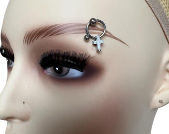 Cross Eyebrow Ring: 316L Stainless Steel Curved Barbell