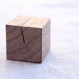 Single 1&quot; Walnut Wood Place Card Holder | Small cube photo stand | Price tag or food label stand | Wedding Name card or escort card stand
