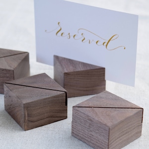 Diagonally Cut Square Walnut Card Holders Set | Small sign stands | Menu card holders | Table number holders | Greeting Card Stand Set
