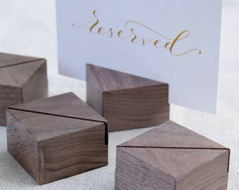 Diagonally Cut Square Walnut Card Holders Set | Small sign stands | Menu card holders | Table number holders | Greeting Card Stand Set