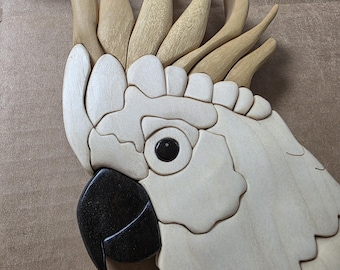 Intarsia Cockatoo Wall Art, Natural Wood Bird