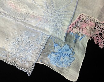 Set of 4 Vintage Handkerchiefs, White, Pale Blue, Pink, Appenzell and other Lace styles