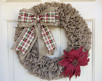 Simply Ruffled Burlap Christmas With or Without Bow,  Burgundy Poinsettia Wreath,