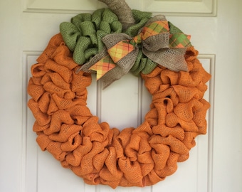 Burlap Pumpkin Wreath: Fall Front Door Decor with Plaid Bow