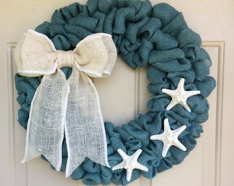 Beach Cottage Chic Frayed Burlap or Bubble Style Wreath,Starfish Wreath,  BUILD a WREATH Step 1 & 2 combined, Beach decor, Interchangeable