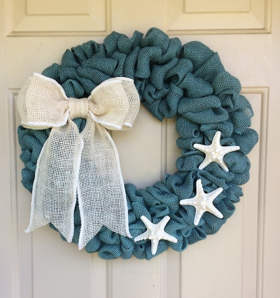 Beach Cottage Chic Frayed Burlap or Bubble Style Wreath,starfish