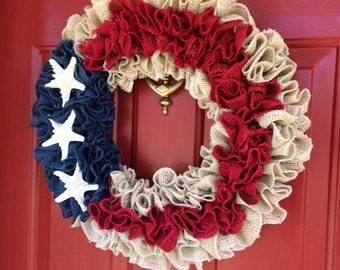 Burlap Flag Wreath, Red Door Version in 2 styles:Traditional and Coastal, BURLAP AMERICANA, Flag Burlap Wreath,