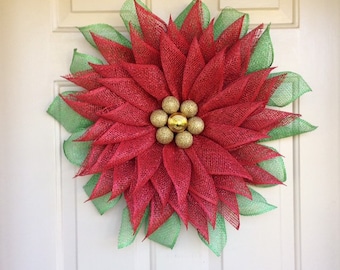 Poly Burlap Poinsettia in 3 color choices with or without leaves