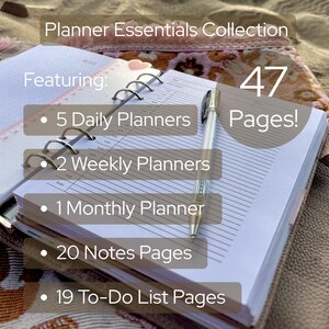 May include: A ring-bound planner with white lined pages and a silver pen. The text reads: Planner Essentials Collection, 47 Pages!, Featuring: 5 Daily Planners, 2 Weekly Planners, 1 Monthly Planner, 20 Notes Pages, and 19 To-Do List Pages.