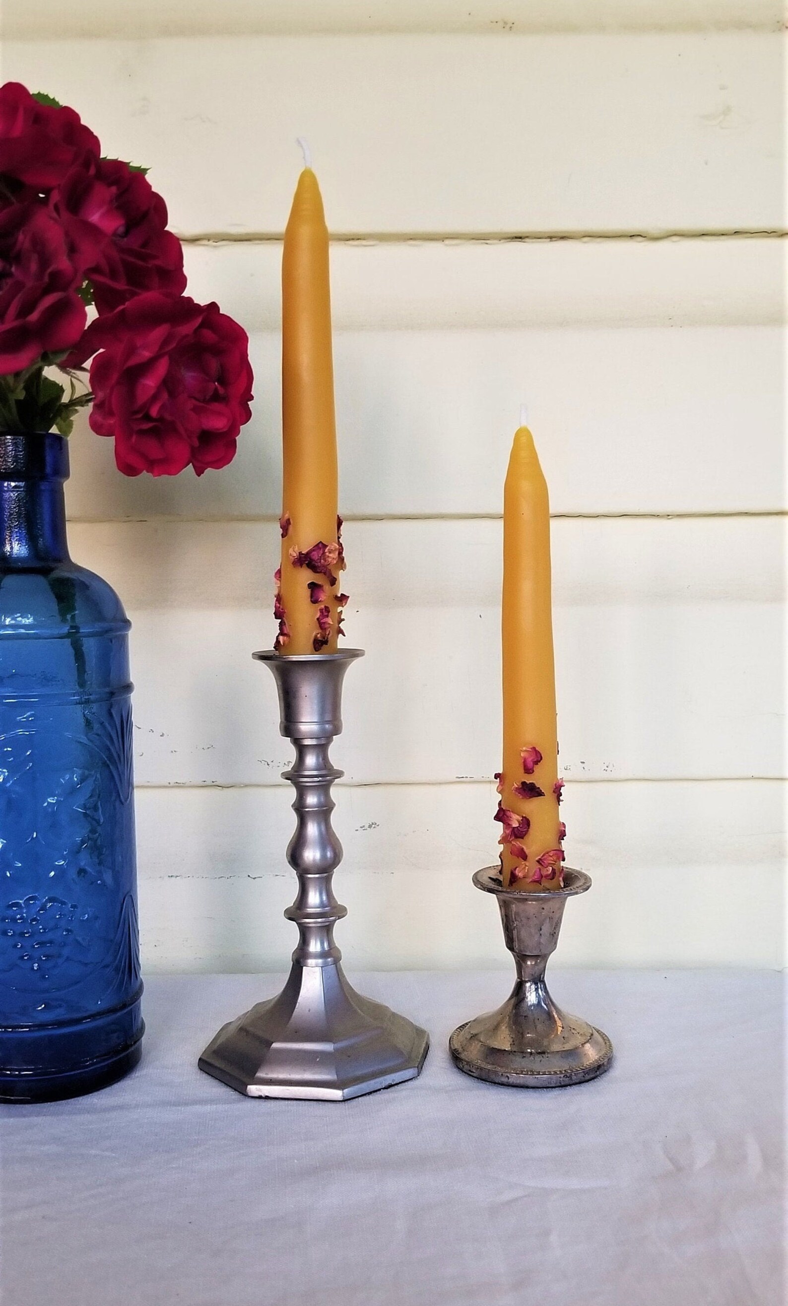 Beeswax Taper Candles With Rose Petals 7 Pair Hand Etsy