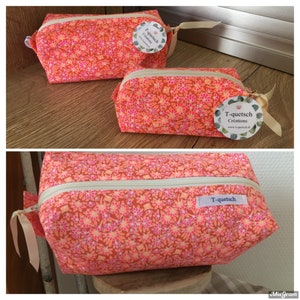 Trousse de toilette cousu main imprimé fleurs orangé