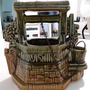 Vintage McCoy USA Pottery Brown & Green Ceramic Wishing Well Planter Flower Pot