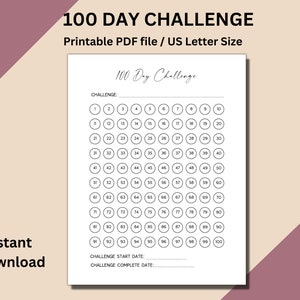 100 Days Challenge 100 Day Goal Tracker Goal Setting Progress Tracker Instant 100 Day Printable 100 Days