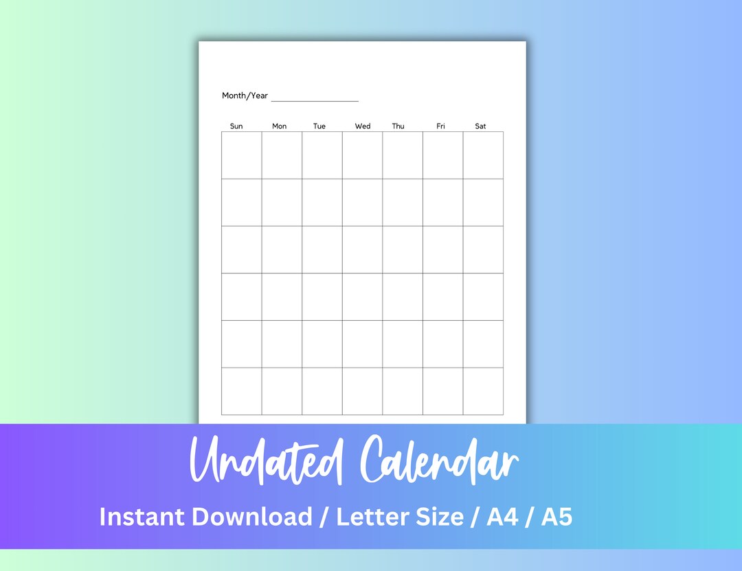 Monthly Calendar Undated Calendar Printable Calendar - Etsy