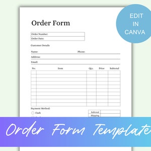 Editable Order Form, Order Form Template, Printable Order Form, Business Order Form, Small Business Forms, Purchase Order Form