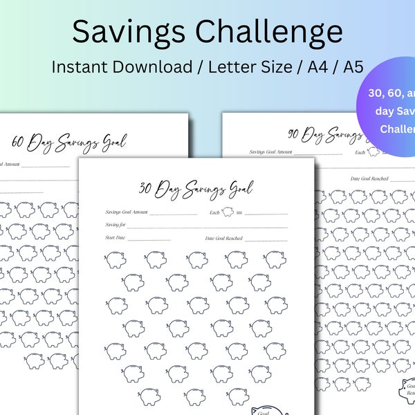 Savings Challenge Printable,  Piggybank Savings, Savings Goals, Savings Challenge Tracker