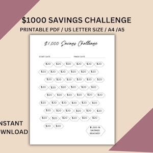 1k Savings Challenge, Savings Tracker, Save Money, Save 1000 dollars, Financial Planning