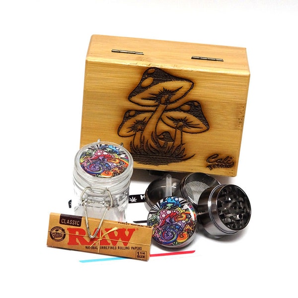 Psychedelic Mushroom Stash Box All In one Combo Set Grinder Glass Jar Mushroom Bong Laser Etched Wood Bamboo Lock Boy Friend Gift Weed Smoke