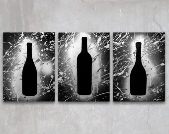 wine // custom original painting // set of three // modern tripriptych // kitchen + dining room art // metallic large wall art // silhouette