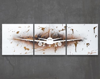 boeing 777 // custom original painting // modern triptych // airplane art // metallic large wall art// plane painting silhouette