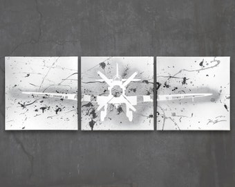 supermarine spitfire // custom original painting // modern triptych // airplane art // metallic spray paint large wall art // plane painting