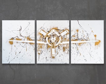 t-28 trojan // custom original painting // modern triptych // airplane art // metallic spray paint + splatter large wall art // silhouette