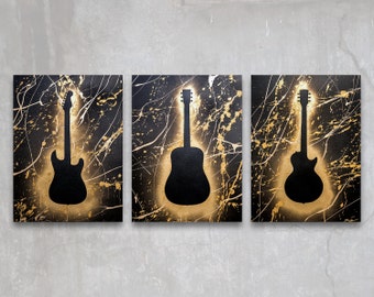 guitar // custom original paintings // modern triptych // music art // guitar painting // metallic large wall art // gold guitar silhouette