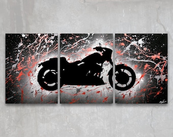 harley davidson breakout // custom original painting // modern triptych // motorcycle painting //  metallic large wall art // silhouette