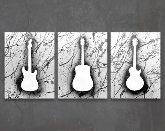 guitar // custom original paintings // modern triptych // music art // guitar painting // metallic large wall art // guitar silhouette