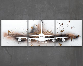 airbus a380 // custom original painting // modern triptych // airplane art // metallic large wall art // bronze silhouette plane painting
