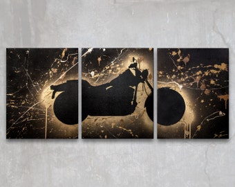 harley davidson sportster // custom original painting // modern triptych // motorcycle painting // metallic large wall art / gold silhouette