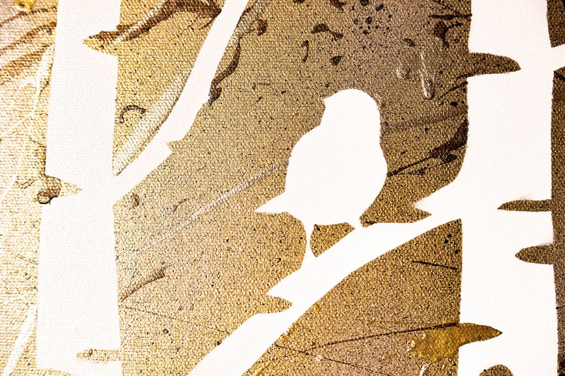 birch trees // custom original painting // modern triptych // nature painting // metallic large wall art // gold tree silhouette nature art image 3