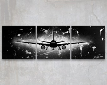 boeing 777 // custom original painting // modern triptych // airplane art // metallic large wall art // silver plane painting silhouette