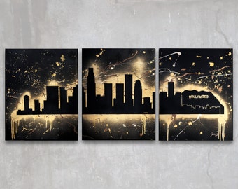 los angeles // custom original painting // modern triptych // hollywood california city skyline //  metallic large wall art // silhouette