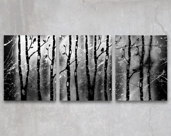 birch trees // custom original painting // modern triptych // nature painting // metallic large wall art / silver tree silhouette nature art