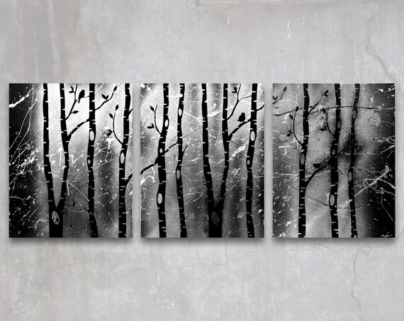 Birch Trees Custom Original Painting Modern Triptych - Metallic Birch Tree Wall Art Birch Trees Custom Original Painting Modern Triptych - Metallic Birch Tree Wall Art