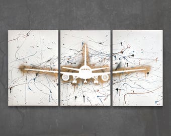 boeing 767 // custom original painting // modern triptych // airplane art // metallic large wall art // plane painting silhouette