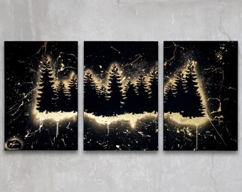 forest // custom original painting // modern triptych // nature art // metallic large wall art // gold tree silhouette nature painting