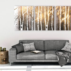 birch trees // custom original painting // modern triptych // nature painting // metallic large wall art // gold tree silhouette nature art image 2