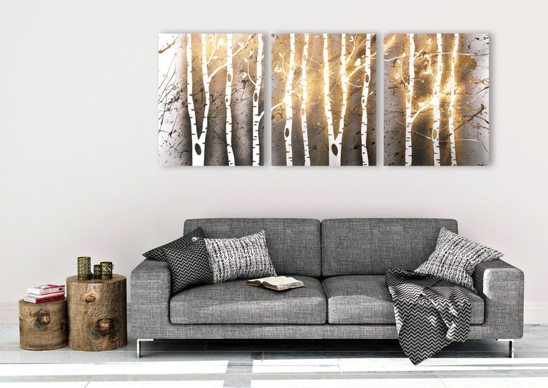 birch trees // custom original painting // modern triptych // nature painting // metallic large wall art // gold tree silhouette nature art image 2