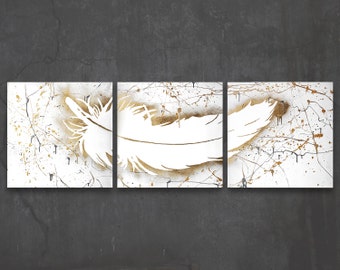 feather // custom original painting // modern triptych // nature art // gold silhouette spray paint // feather wall art // whimsical