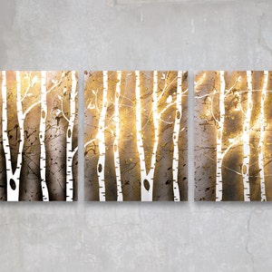 birch trees // custom original painting // modern triptych // nature painting // metallic large wall art // gold tree silhouette nature art image 1