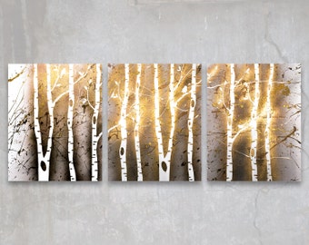 birch trees // custom original painting // modern triptych // nature painting // metallic large wall art // gold tree silhouette nature art