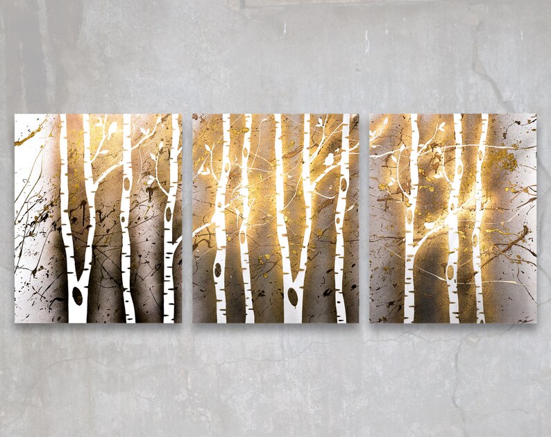 birch trees // custom original painting // modern triptych // nature painting // metallic large wall art // gold tree silhouette nature art image 1