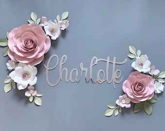 Paper Flower Nursery Decor Set: Acrylic Name Sign, Pink & Blush Flowers