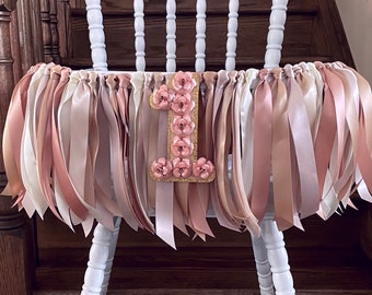 1st Birthday Ribbon Garland | It's A Girl Baby Birthday | Pink and Gold First Birthday High Chair Skirt