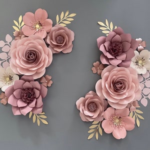 Set di fiori di carta color malva, rosa e oro, decorazione da parete con fiori di carta per la cameretta dei bambini, fiori per bambine, fiori di carta, fiori di carta per la cameretta dei bambini, fiori da parete